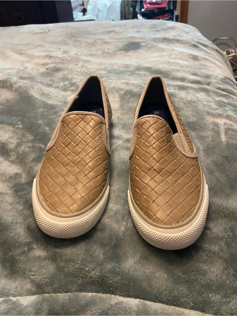 Sperry Women's Woven Slip-On Flats in Tan with White Sole